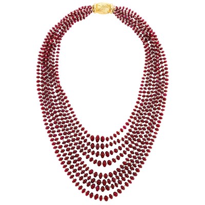 Lot 221 - Eight Strand Ruby and Rock Crystal Bead Necklace with Fluted Gold Clasp