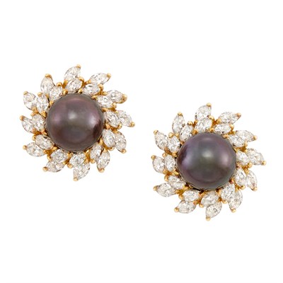 Lot 284 - Pair of Gold, Tahitian Black Cultured Pearl and Diamond Earclips