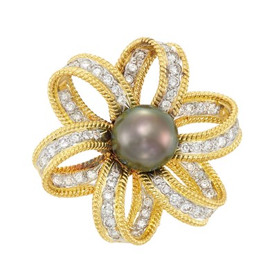 Lot 15 - Two-Color Gold, Tahitian Gray Cultured Pearl and Diamond Clip-Brooch