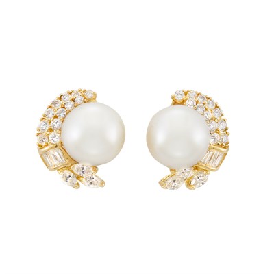 Lot 647 - Pair of Gold, South Sea Cultured Pearl and Diamond Earrings, Retailed by Black, Starr & Frost