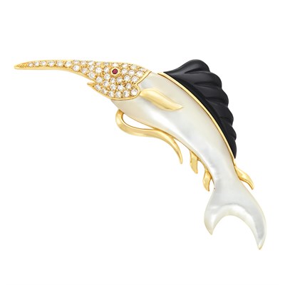 Lot 193 - Gold, Mother-of-Pearl, Diamond and Black Onyx Swordfish Brooch