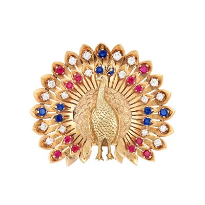 Lot 239 - Gold, Diamond, Ruby and Sapphire Watch Clip-Brooch