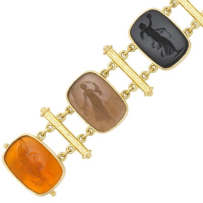 Lot 710 - Gold, Colored Glass Intaglio and Mother-of-Pearl Bracelet, Elizabeth Locke
