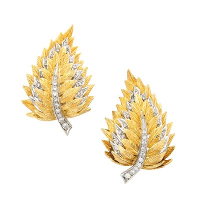 Lot 92 - Pair of Two-Color Gold and Diamond Leaf Earclips