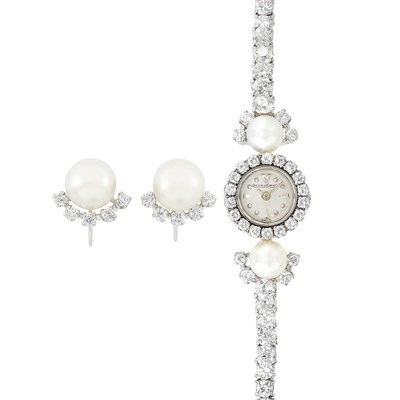Lot 60 - Platinum, White Gold, Diamond and Cultured Pearl Wristwatch, Jaeger LeCoultre, and Pair of Earclips
