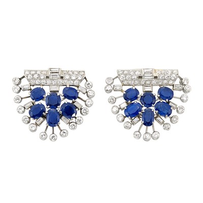 Lot 730 - Pair of Platinum, Sapphire and Diamond Clips