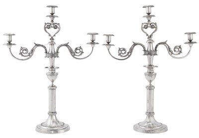 Lot 502 - Pair of German Silver Three-Light Candelabra...