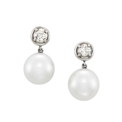 Lot 202 - Pair of White Gold, South Sea Cultured Pearl and Diamond Earrings