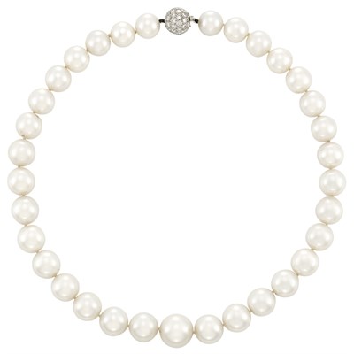 Lot 207 - South Sea Cultured Pearl Necklace with Platinum and Diamond Clasp, Cartier