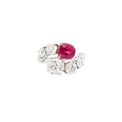 Lot 214 - Platinum, Diamond and Synthetic Ruby Bypass Ring