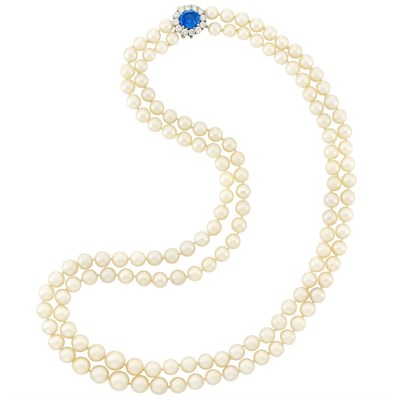 Lot 394 - Long Double Strand Cultured Pearl Necklace with Platinum, Sapphire and Diamond Clasp, Van Cleef & Arpels