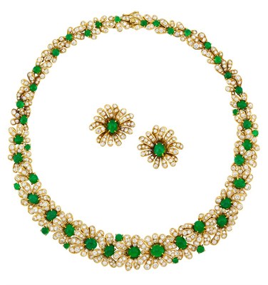 Lot 383 - Gold, Cabochon Emerald and Diamond Necklace and Pair of Earclips, Van Cleef & Arpels, France
