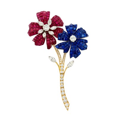 Lot 392 - Platinum, Gold, Mystery-Set Ruby and Sapphire and Diamond Flower Clip-Brooch, Van Cleef & Arpels