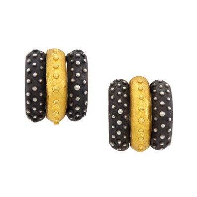 Lot 491 - Pair of High Karat Gold and Oxidized Sterling Silver Earclips, Denise Roberge
