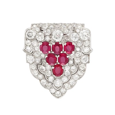 Lot 472 - Art Deco Platinum, Ruby and Diamond Clip-Brooch, Cartier