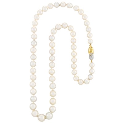 Lot 203 - Long South Sea Cultured Pearl Necklace with Two-Color Gold and Diamond Clasp