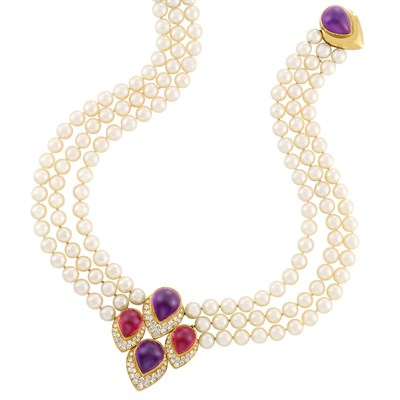 Lot 548 - Triple Strand Cultured Pearl, Gold, Diamond, Amethyst and Pink Tourmaline Necklace