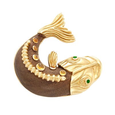 Lot 334 - Gold, Wood and Citrine Fish Brooch
