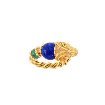 Lot 235 - High Karat Gold, Lapis Lazuli and Adventurine Quartz Bead Ram's Head Ring, Zolatas