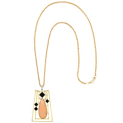 Lot 248 - Two-Color Gold, Fluted Coral, Diamond and Black Onyx Pendant with Chain