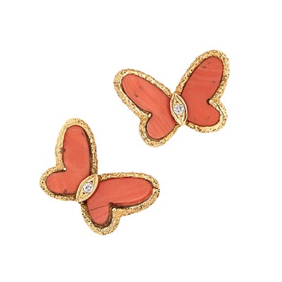 Lot 83 - Pair of Gold, Coral and Diamond Butterfly Earclips, Van Cleef & Arpels
