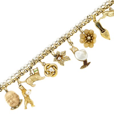 Lot 82 - Antique Gold, Diamond and Seed Pearl Charm Bracelet