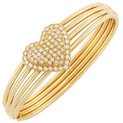 Lot 232 - Gold and Diamond Heart Bangle Bracelet