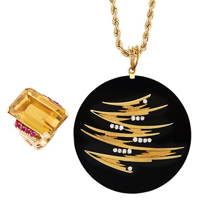 Lot 242 - Two-Color Gold, Black Onyx and Diamond Pendant with Chain and Rose Gold, Citrine and Cabochon Ruby Ring