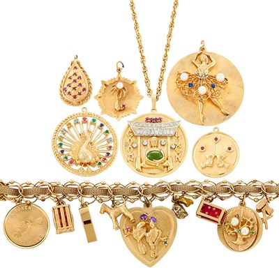 Lot 358 - Two-Color Gold, Silver, Gem-Set and Diamond Charm Bracelet, Pendant-Necklace with Chain and Group of Charms