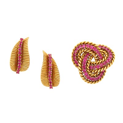 Lot 199 - Gold and Ruby Brooch and Pair of Earclips, Tiffany & Co.