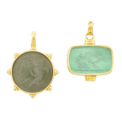 Lot 586 - Two Hammered Gold, Glass Intaglio and Mother-of-Pearl Pendants, Elizabeth Locke