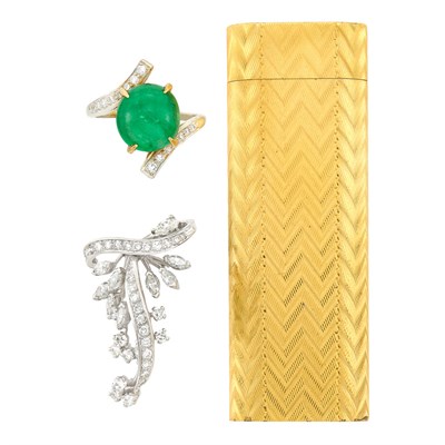 Lot 315 - Platinum and Diamond Brooch, France, Gold-Plated Lighter, Cartier, and Two-Color Gold, Emerald and Diamond Ring