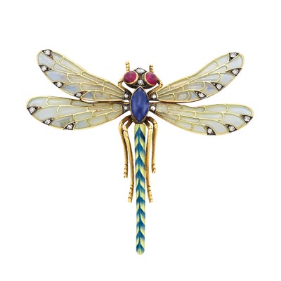 Lot 434 - Gold, Silver, Plique-a-Jour Enamel, Enamel, Cabochon Sapphire, Ruby and Diamond Dragonfly Brooch