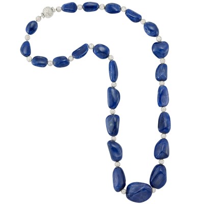 Lot 223 - Tumbled Sapphire Bead, Platinum and Diamond Bead Necklace