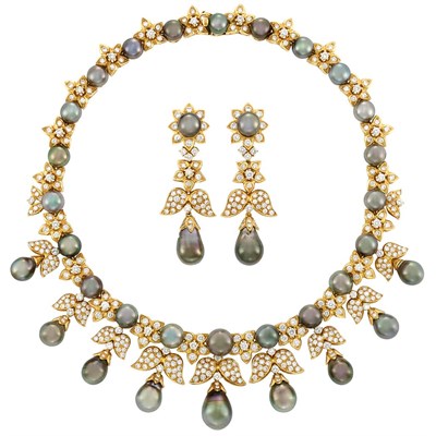 Lot 285 - Gold, Tahitian Gray Cultured Pearl and Diamond Necklace and Pair of Pendant-Earclips