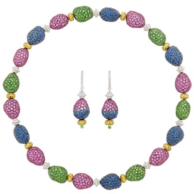 Lot 221 - White Gold, Multicolored Gem-Set and Diamond Necklace and Pair of Pendant-Earrings