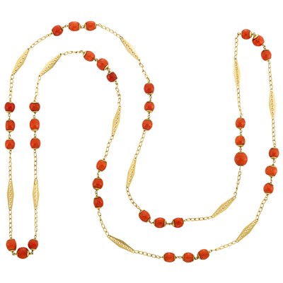 Lot 430 - Long Gold and Coral Bead Chain Necklace