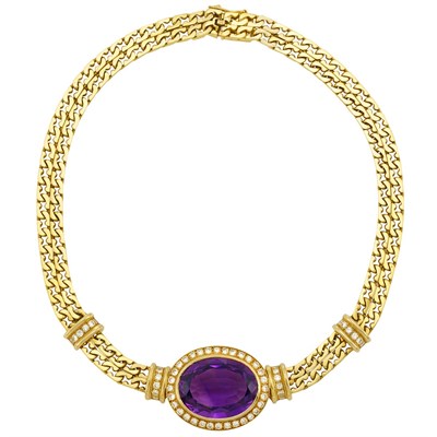 Lot 155 - Double Strand Gold, Amethyst and Diamond Curb Link Chain Necklace, France
