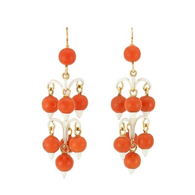 Lot 418 - Pair of Gold, Coral Bead and White Enamel Fringe Pendant-Earrings