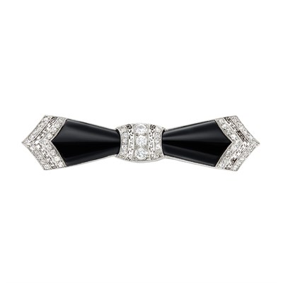 Lot 442 - Platinum, Black Onyx and Diamond Bow Pin