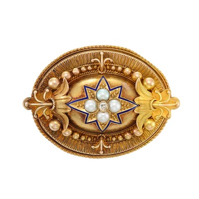 Lot 65 - Archaeological Revival Gold, Split Pearl, Diamond and Blue Enamel Pendant-Brooch