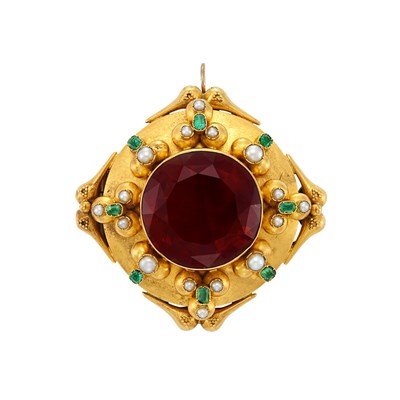 Lot 67 - Antique Gold, Citrine, Emerald and Split Pearl Pendant-Brooch