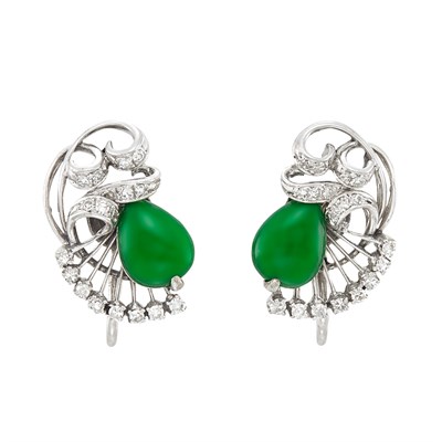 Lot 316 - Pair of Low Karat White Gold, Jade and Diamond Earclips, Marsh
