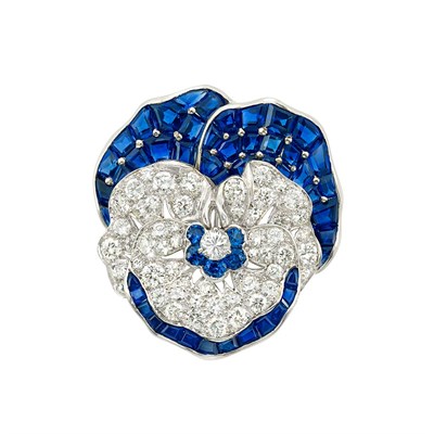Lot 397 - Platinum, Diamond and Sapphire Pansy Pin, by Oscar Heyman Brothers