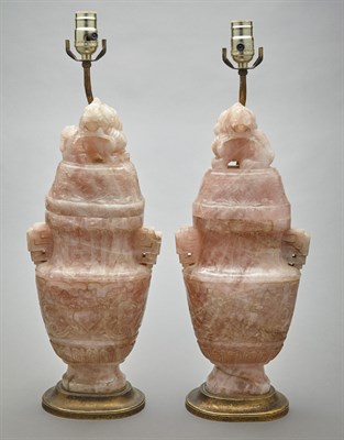 Lot 183 - Pair of Chinese Carved Rose Quartz Urn-Form...