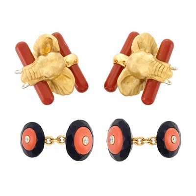 Lot 353 - Pair of Gold, Black Onyx, Coral and Diamond Cufflinks, Trianon, and Pair of Gold and Jasper Elephant Head Cufflinks