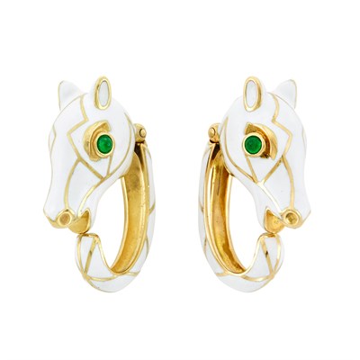 Lot 232 - Pair of Gold, White Enamel and Cabochon Emerald Horse Head Cufflinks