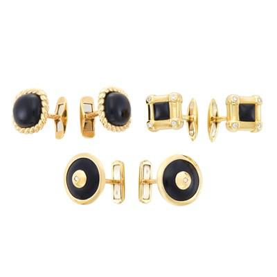 Lot 226 - Three Pairs of Gold and Black Onyx Cufflinks