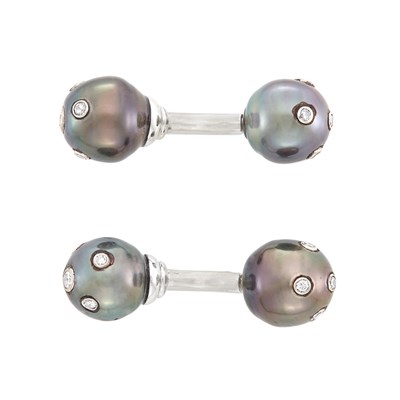 Lot 347 - Pair of White Gold, Tahitian Black Cultured Pearl and Diamond Cufflinks