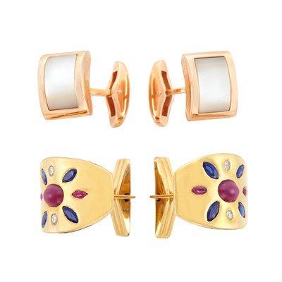 Lot 221 - Pair of Rose Gold  and Mother-of-Pearl Cufflinks and Pair of Gold, Diamond and Gem-Set Cufflinks
